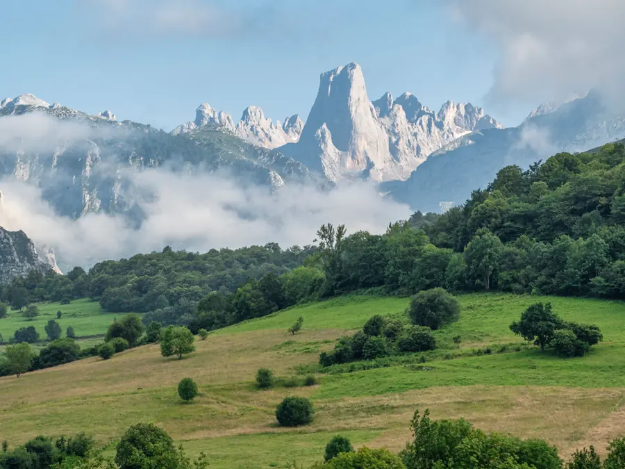 Limestone peaks rising out of low cloud above green pasture and woodland.